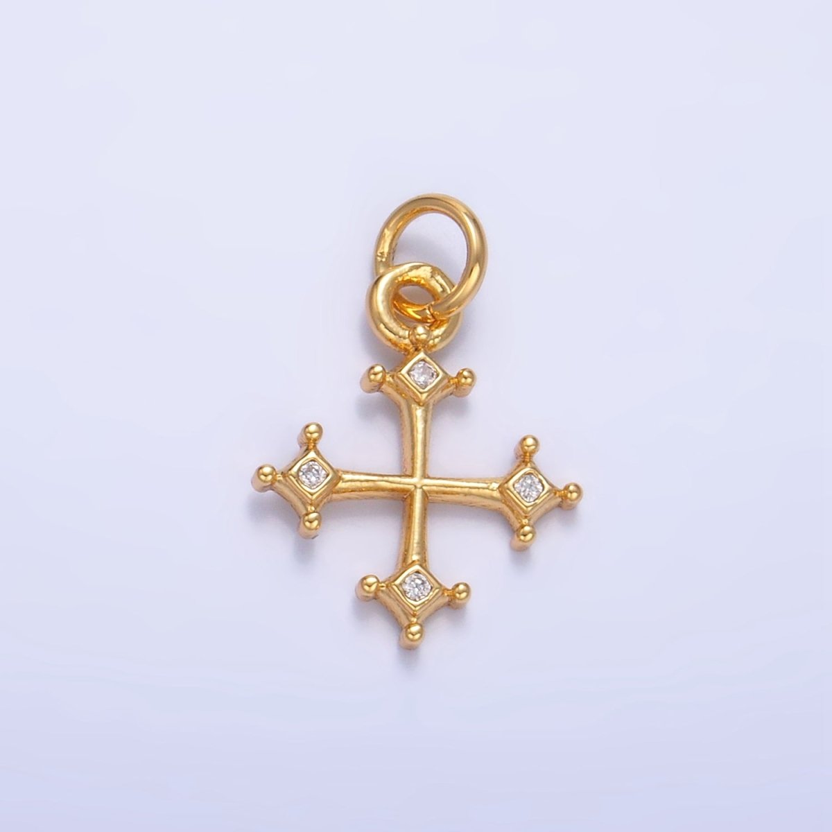 24K Gold Filled CZ Mini Dotted CZ Fleur Cross Charm | W113