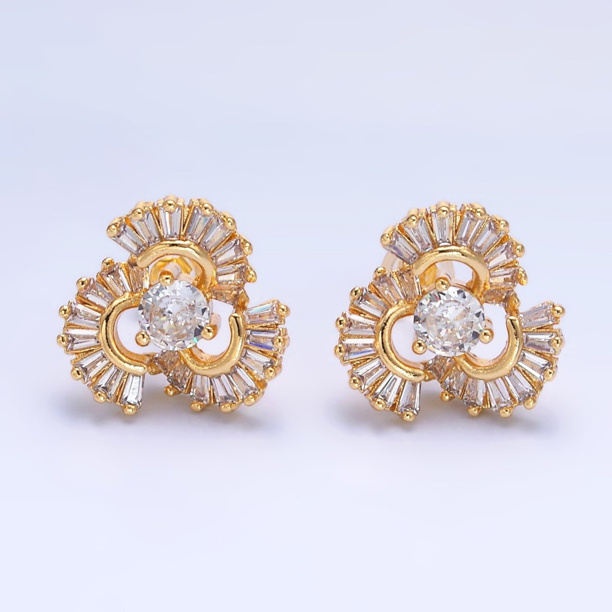24K Gold Filled CZ Round Baguette Circular Geometric Stud Earrings | AB1441