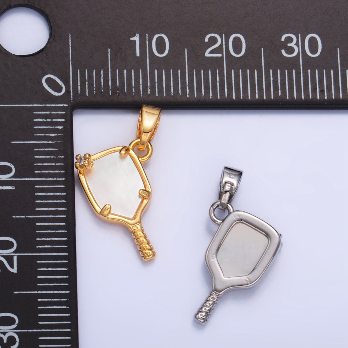 24K Gold Filled CZ Shell Pearl Pickle Ball Racket Pendant in Gold & Silver | AA1017