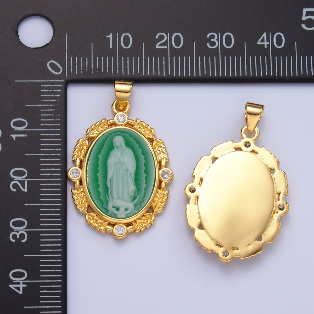 24K Gold Filled CZ Virgin Mary Flower Leaf Outline Oval Religious Pendant | AA867