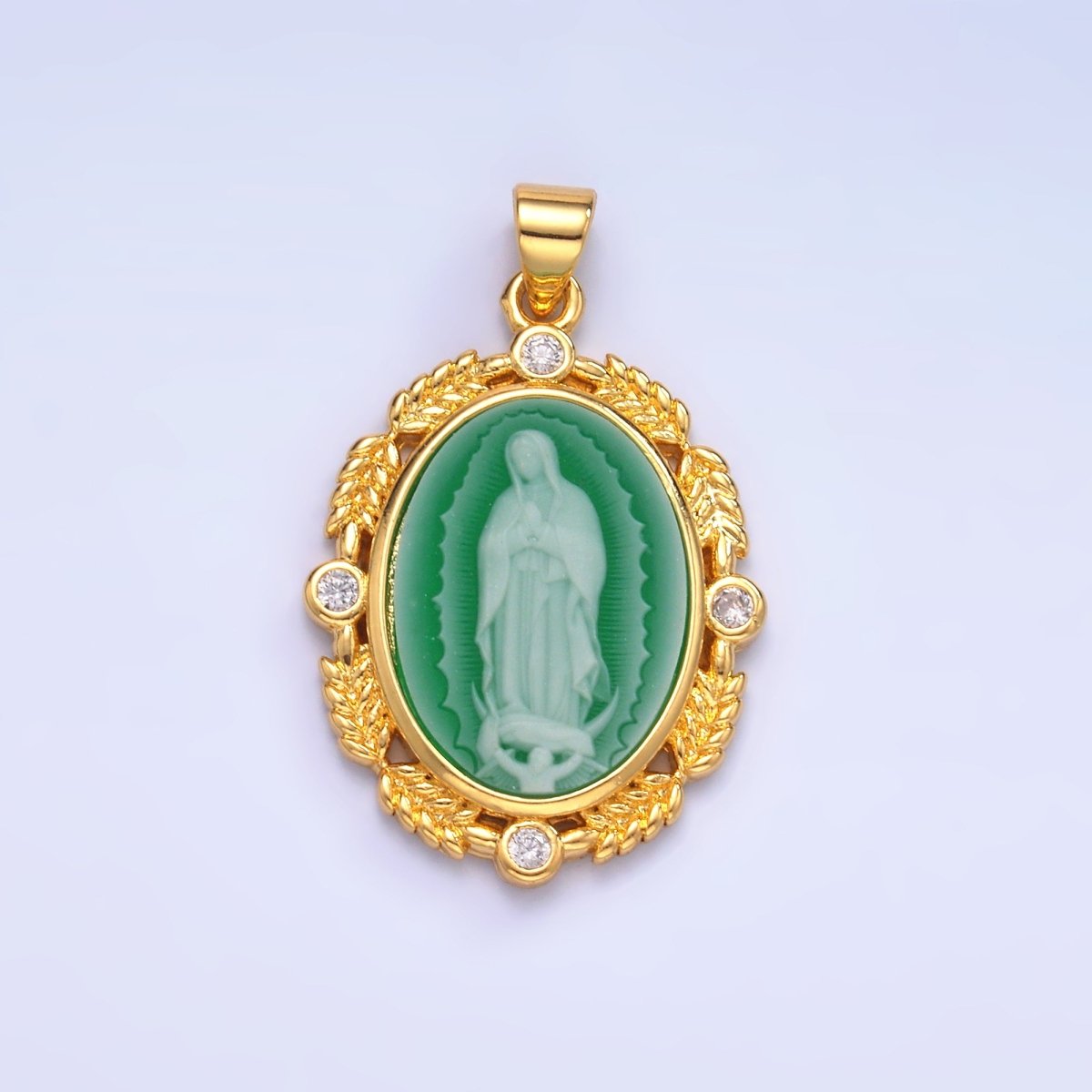24K Gold Filled CZ Virgin Mary Flower Leaf Outline Oval Religious Pendant | AA867