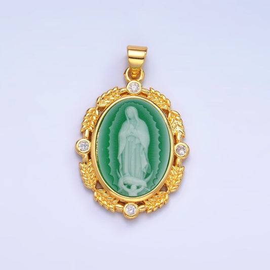 24K Gold Filled CZ Virgin Mary Flower Leaf Outline Oval Religious Pendant | AA867