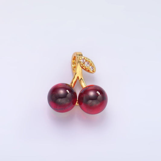 24K Gold Filled Dark Red Acrylic Micro Paved CZ Cherry Fruit Pendant | AA1439