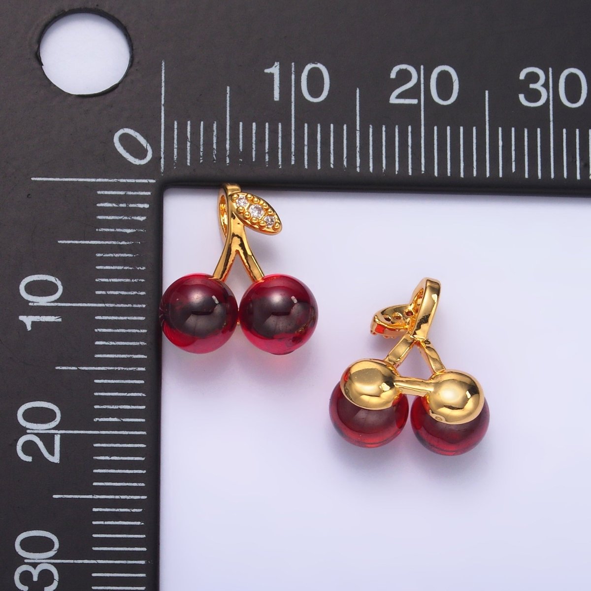 24K Gold Filled Dark Red Acrylic Micro Paved CZ Cherry Fruit Pendant | AA1439