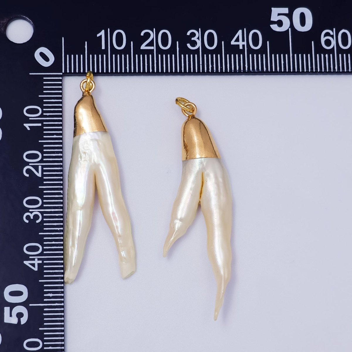 24K Gold Filled Double Biwa V White Freshwater Pearl Foil Charm | P1941
