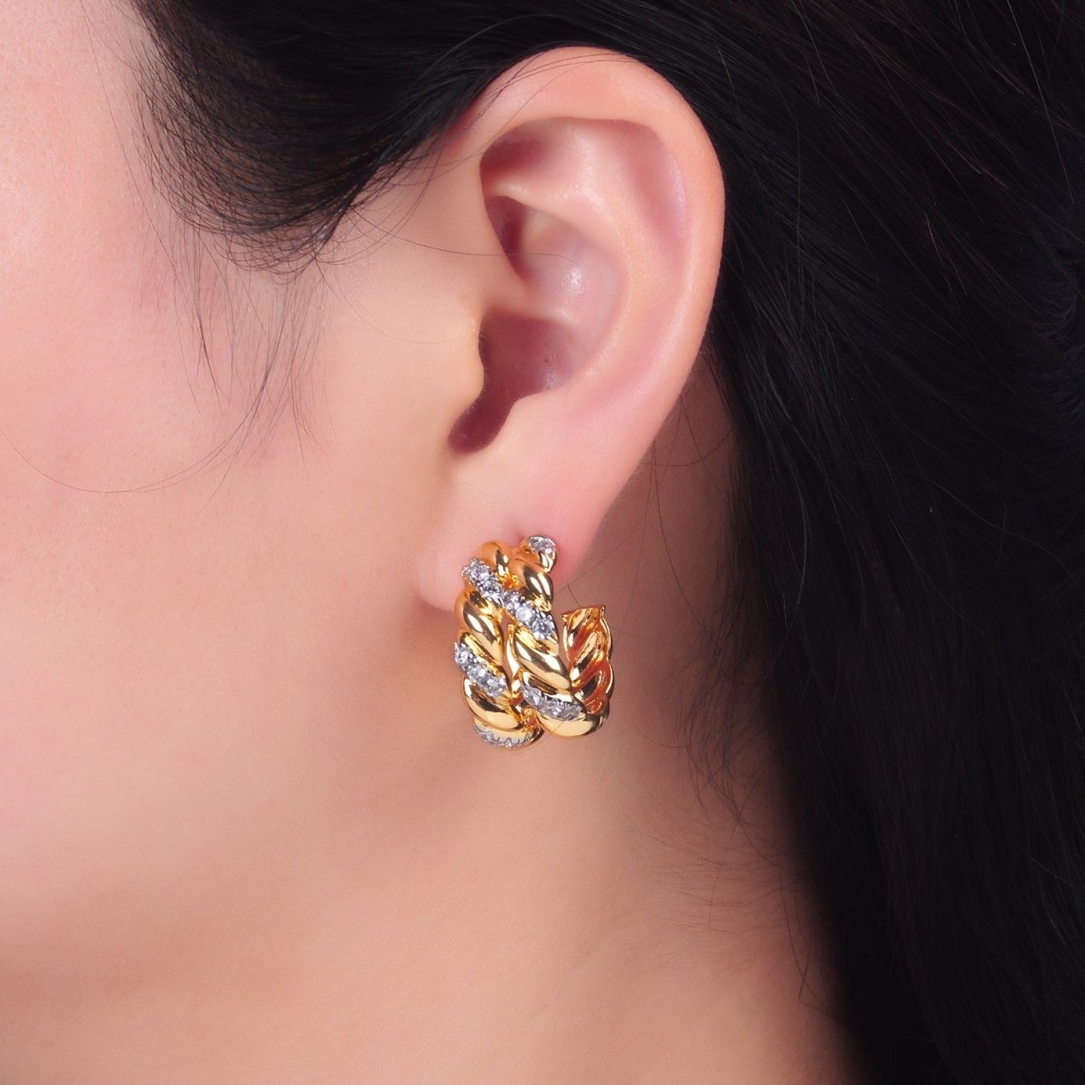 24K Gold Filled Double Croissant Micro Paved CZ Mixed Metal C-Shaped Hoop Earrings | V305