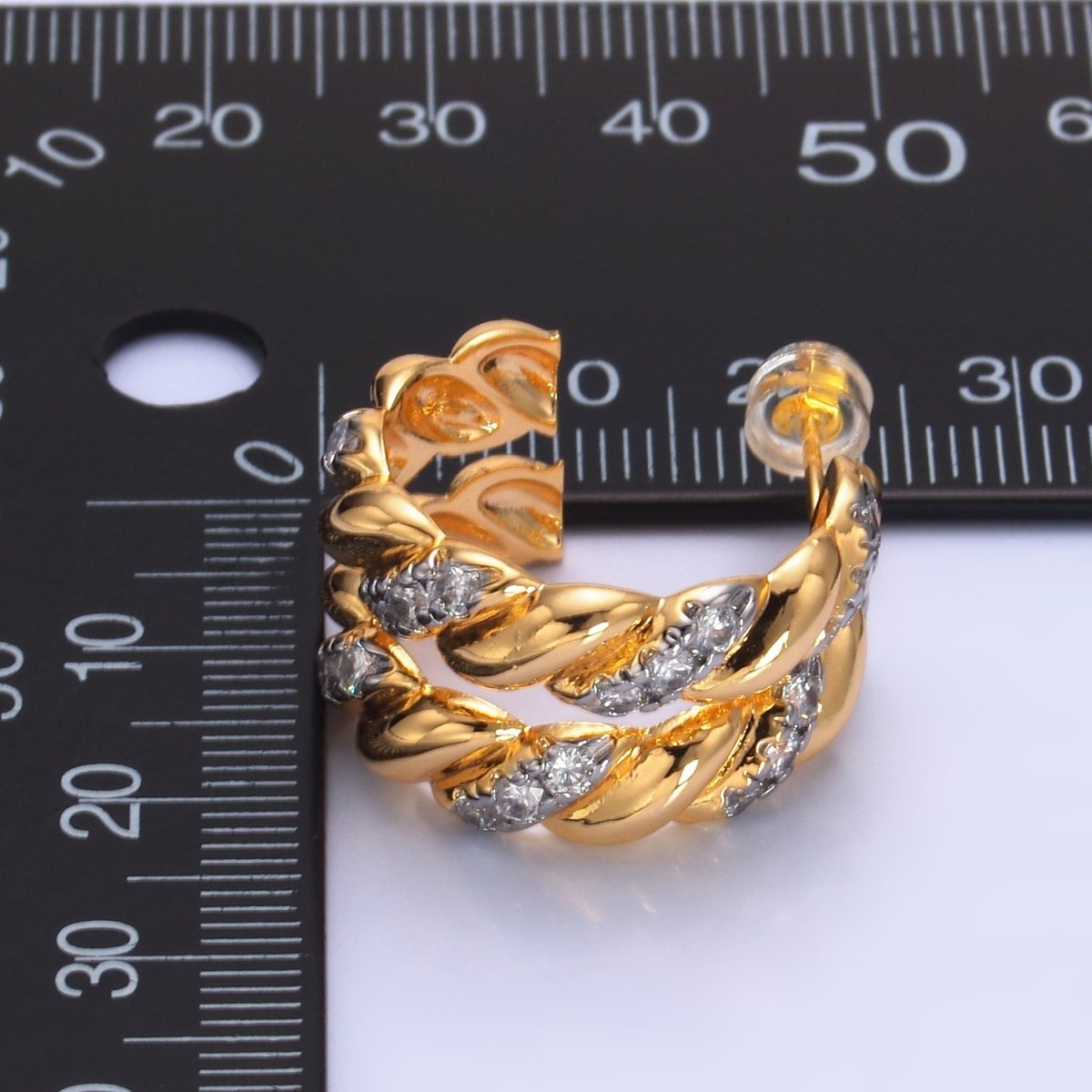 24K Gold Filled Double Croissant Micro Paved CZ Mixed Metal C-Shaped Hoop Earrings | V305