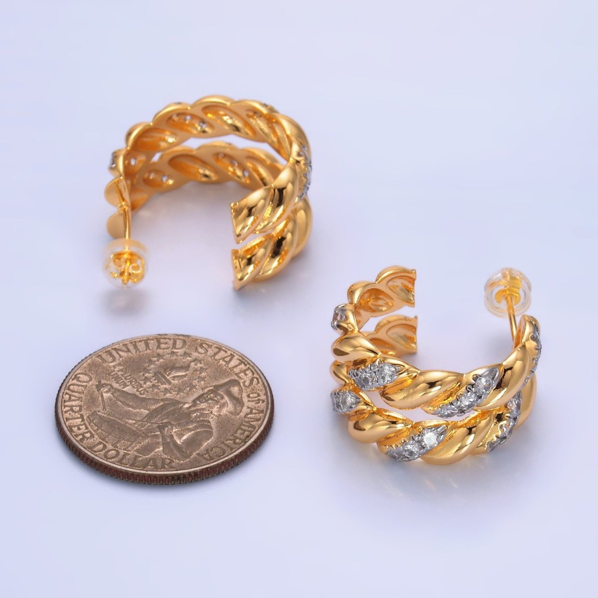 24K Gold Filled Double Croissant Micro Paved CZ Mixed Metal C-Shaped Hoop Earrings | V305