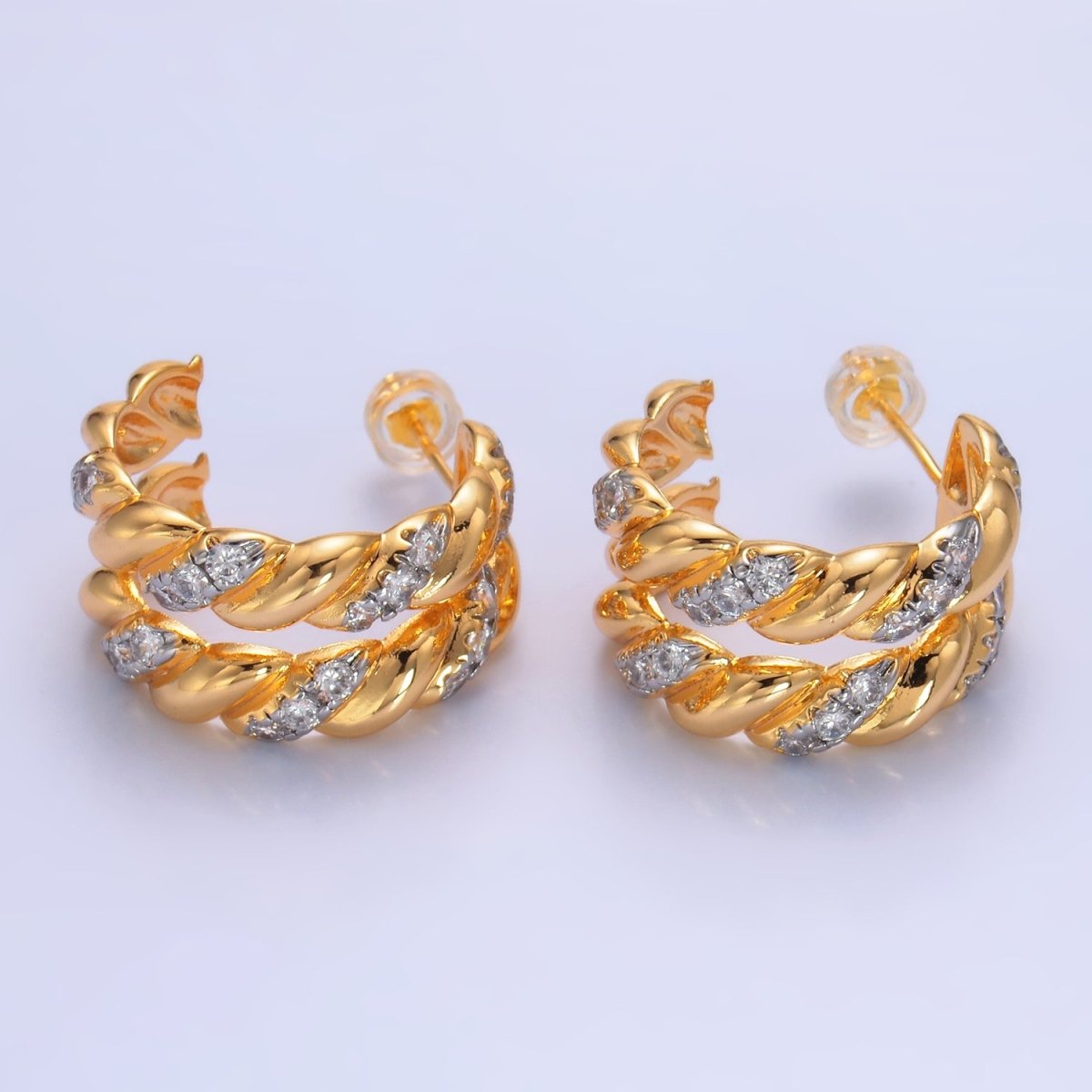 24K Gold Filled Double Croissant Micro Paved CZ Mixed Metal C-Shaped Hoop Earrings | V305