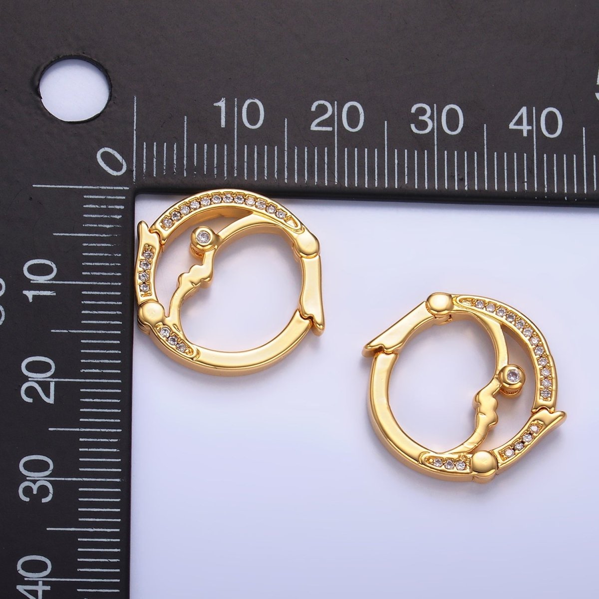 24K Gold Filled Double Sided Pull Closure Micro Paved CZ Celestial Moon Face Findings | Z1027