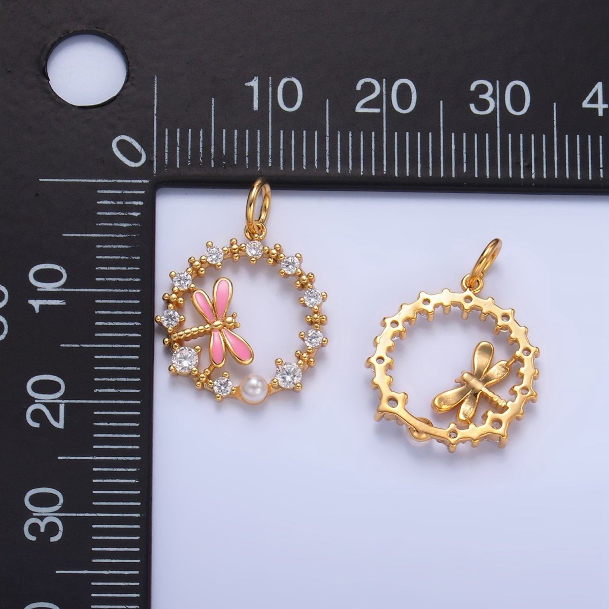 24K Gold Filled Dragonfly Enamel CZ Open Circular Charm | W109