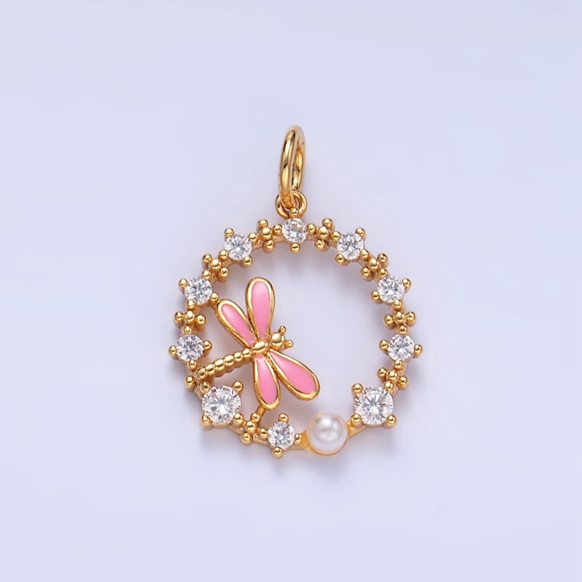 24K Gold Filled Dragonfly Enamel CZ Open Circular Charm | W109