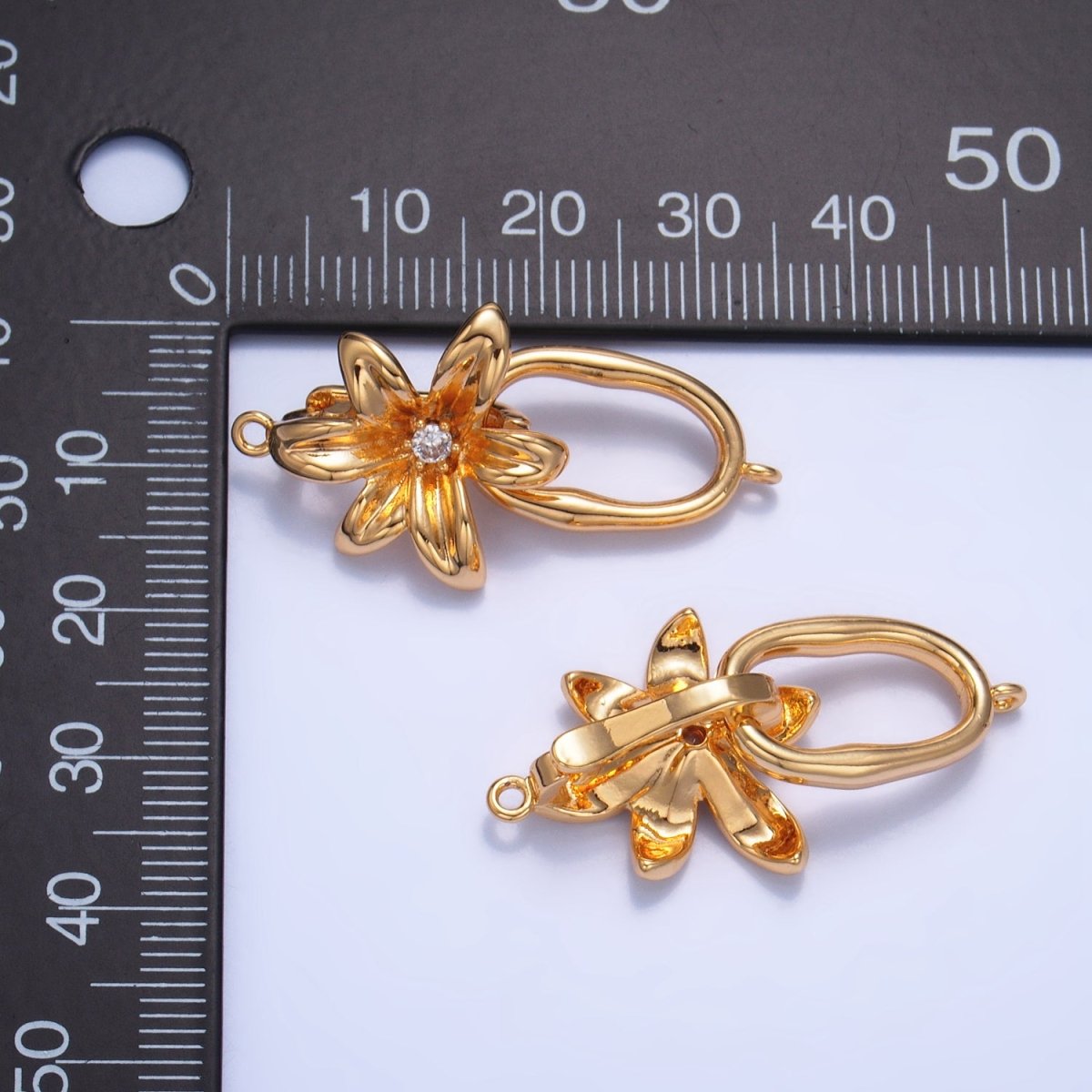 24K Gold Filled Flower CZ Snap Latch Molten Oblong Link Findings Set | Z967
