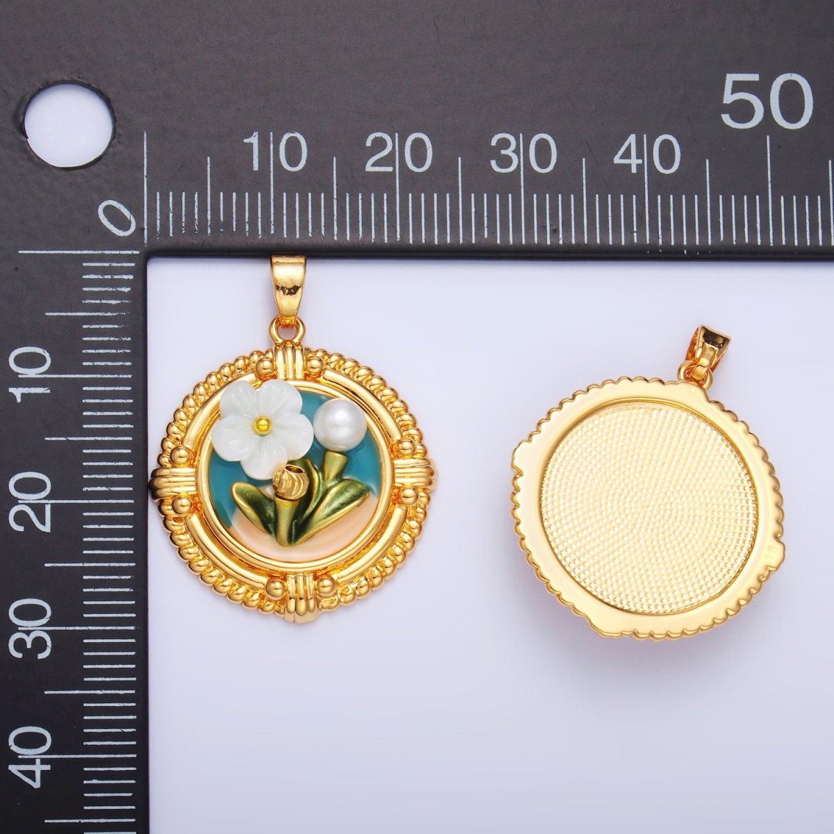 24K Gold Filled Flower Plant Shell Pearl Enamel Pendant | AA1076