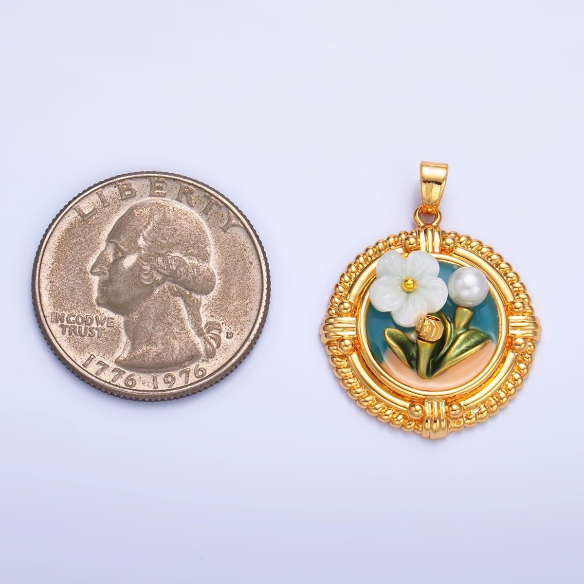 24K Gold Filled Flower Plant Shell Pearl Enamel Pendant | AA1076