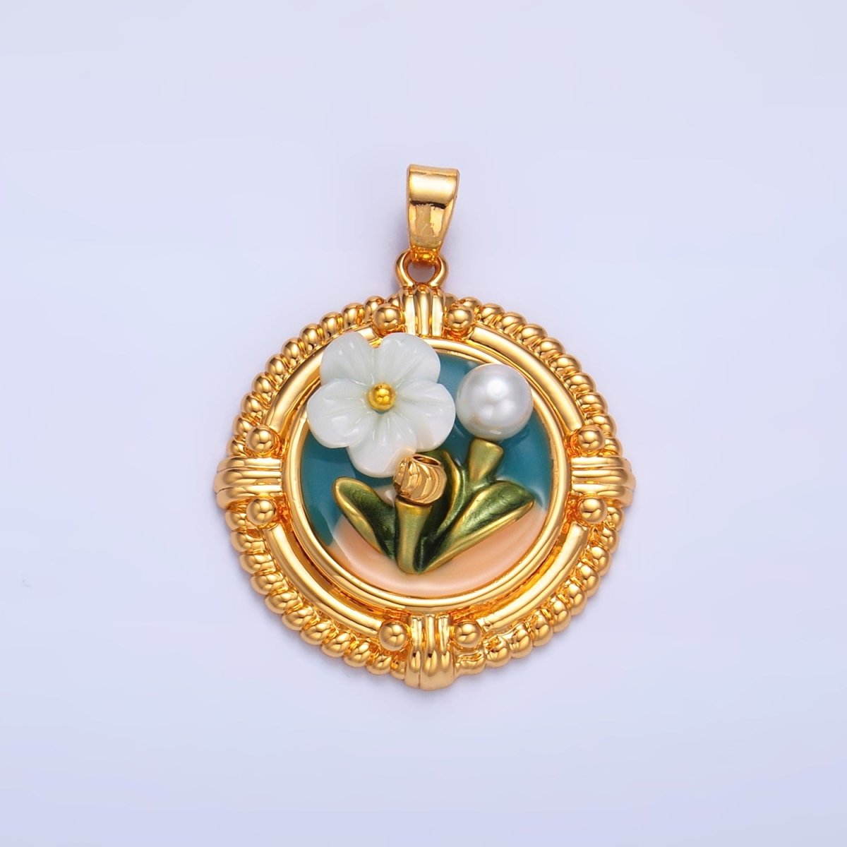 24K Gold Filled Flower Plant Shell Pearl Enamel Pendant | AA1076