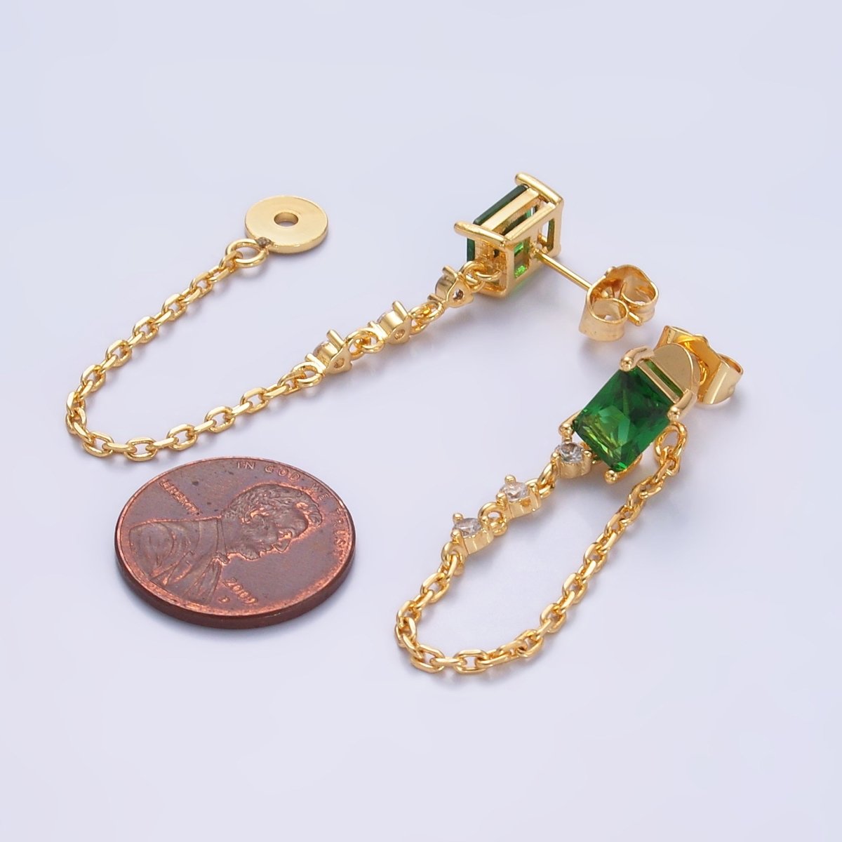 24K Gold Filled Green Baguette CZ Chain Drop Stud Earrings | Q531