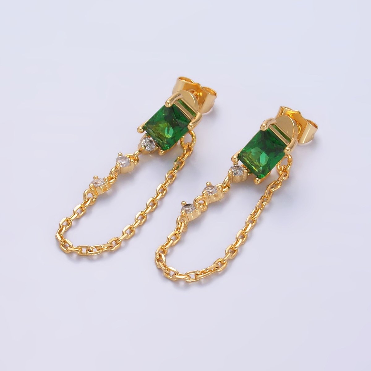 24K Gold Filled Green Baguette CZ Chain Drop Stud Earrings | Q531