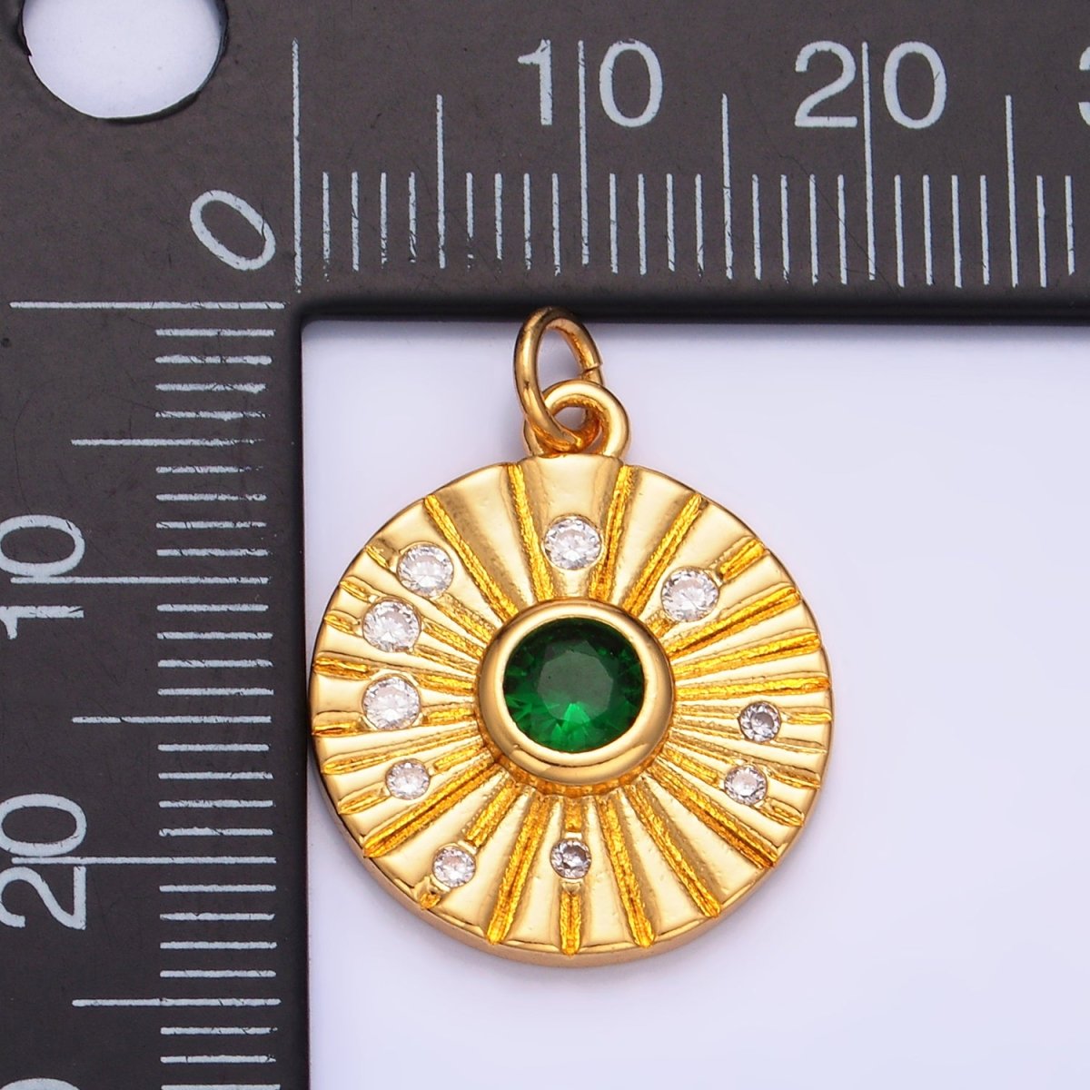 24K Gold Filled Green CZ Dotted Ribbed Round Geometric Charm | W274