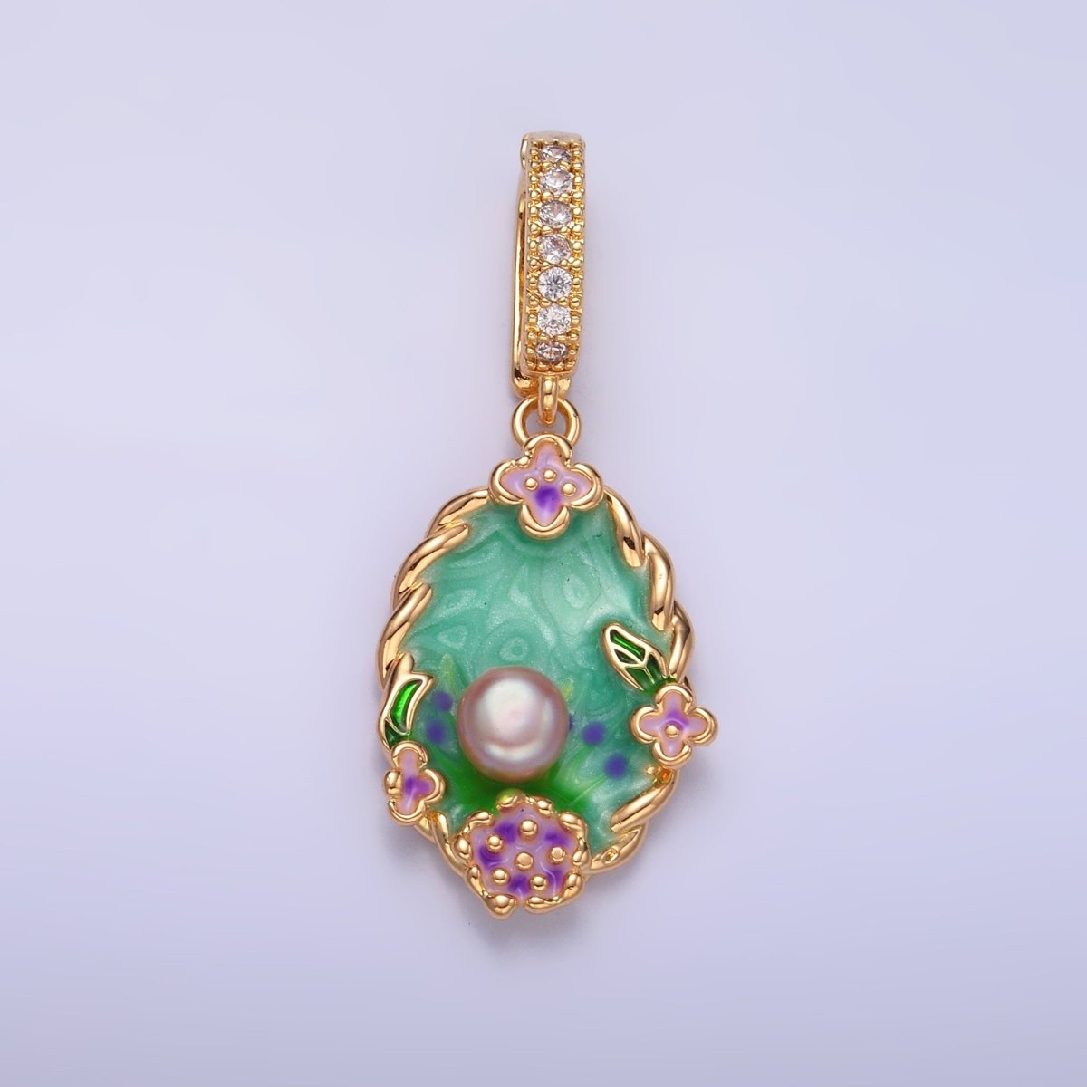 24K Gold Filled Green Floral Oasis Micro Paved CZ Snap Bail Pendant | AA1445