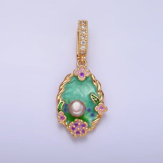 24K Gold Filled Green Floral Oasis Micro Paved CZ Snap Bail Pendant | AA1445