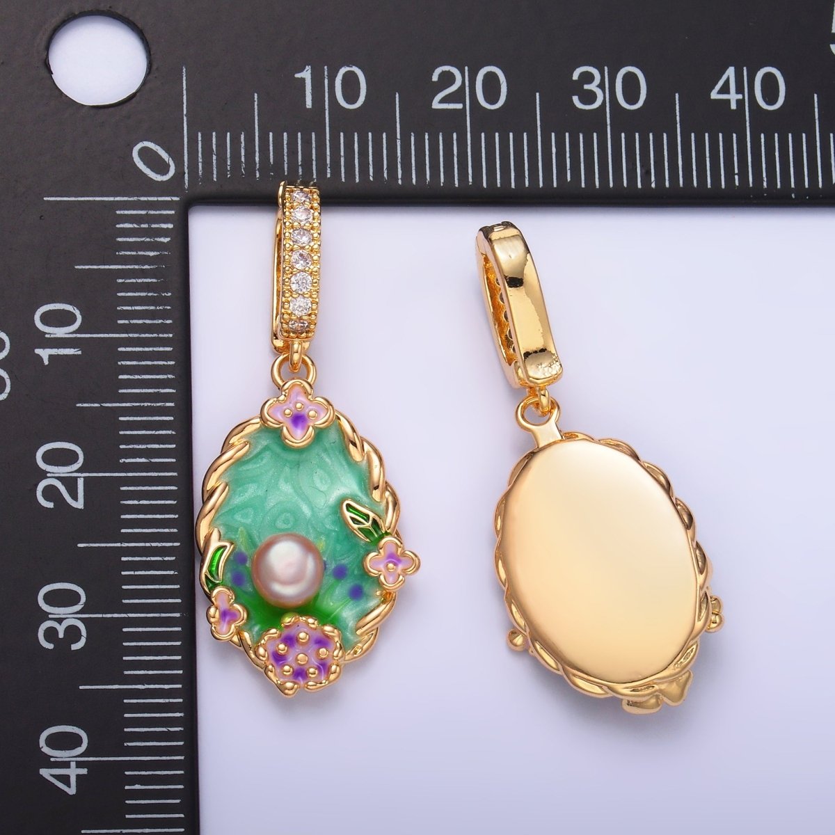 24K Gold Filled Green Floral Oasis Micro Paved CZ Snap Bail Pendant | AA1445