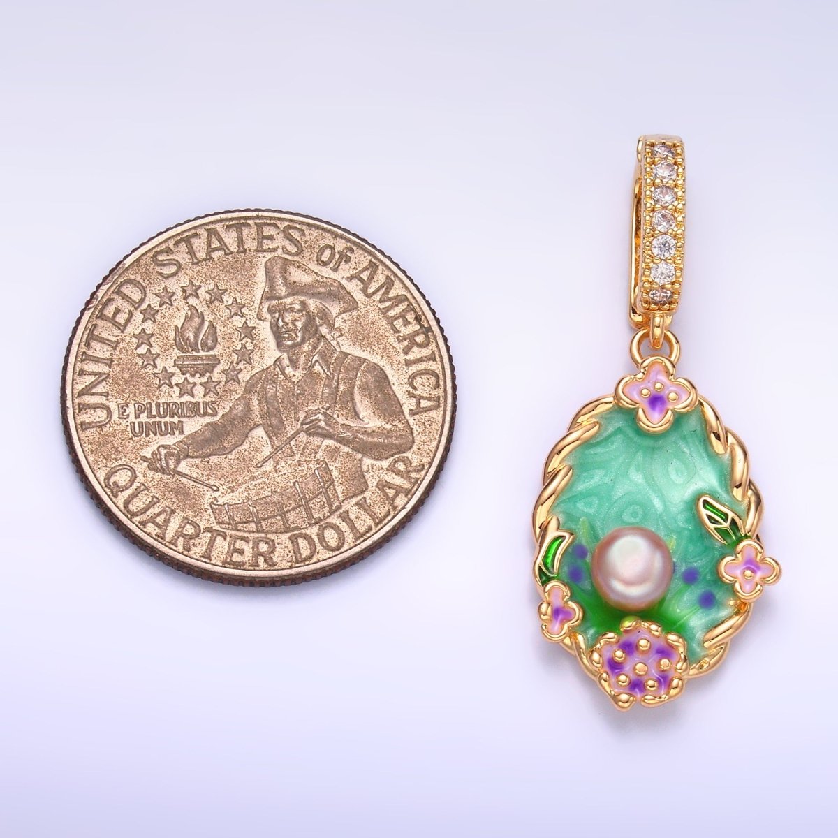 24K Gold Filled Green Floral Oasis Micro Paved CZ Snap Bail Pendant | AA1445