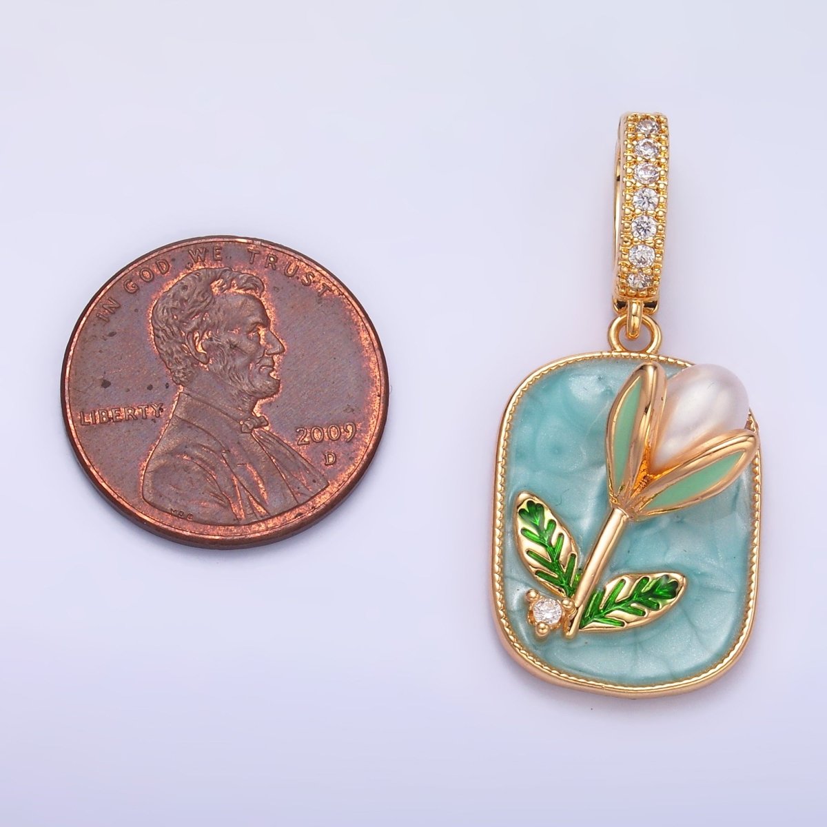 24K Gold Filled Green Tulip Floral Micro Paved CZ Snap Bail Pendant | AA1444
