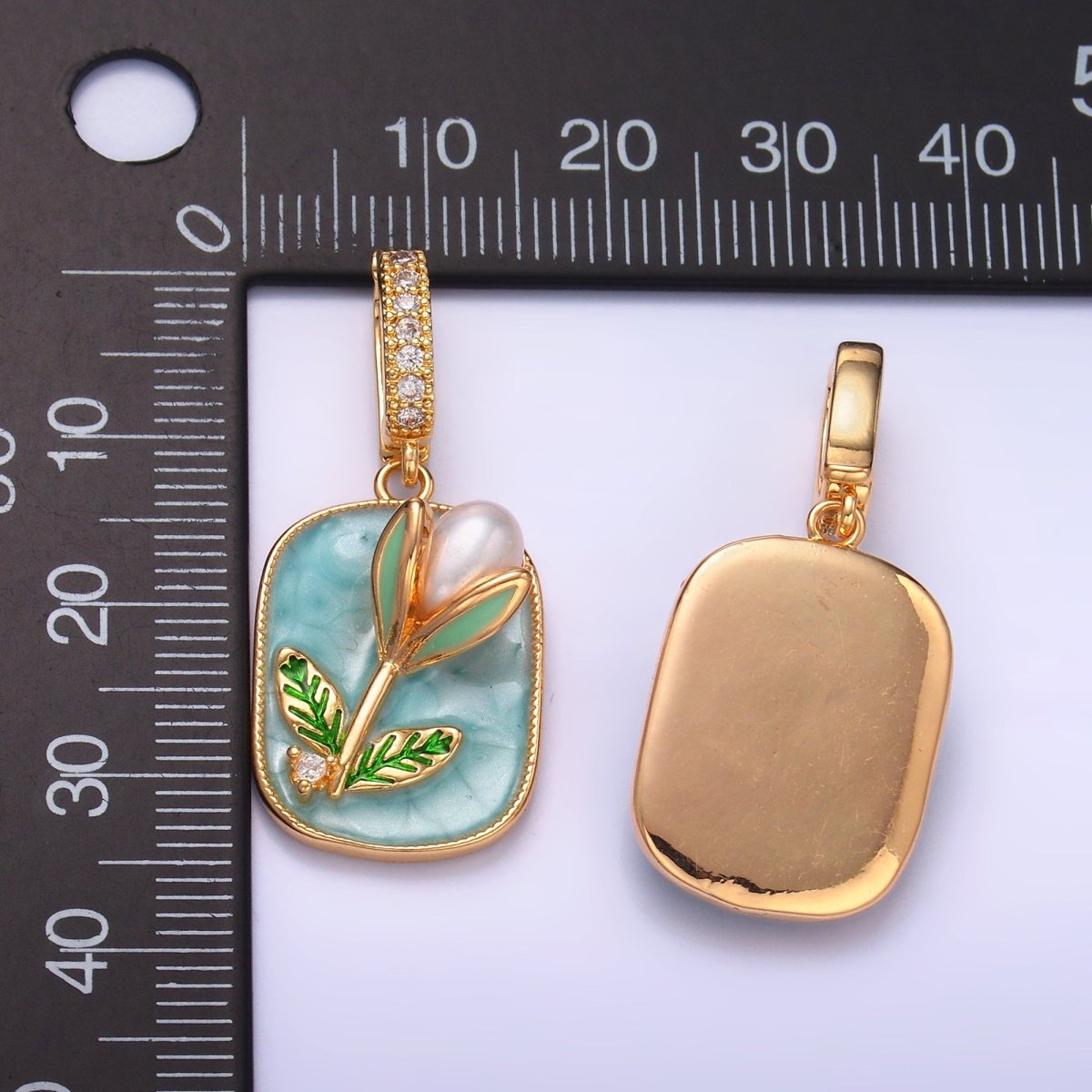 24K Gold Filled Green Tulip Floral Micro Paved CZ Snap Bail Pendant | AA1444