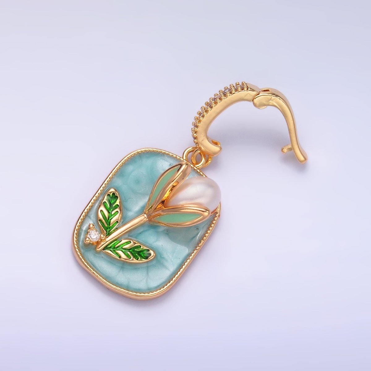 24K Gold Filled Green Tulip Floral Micro Paved CZ Snap Bail Pendant | AA1444