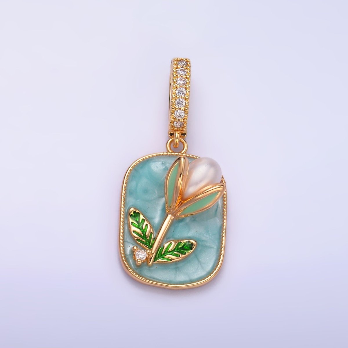 24K Gold Filled Green Tulip Floral Micro Paved CZ Snap Bail Pendant | AA1444