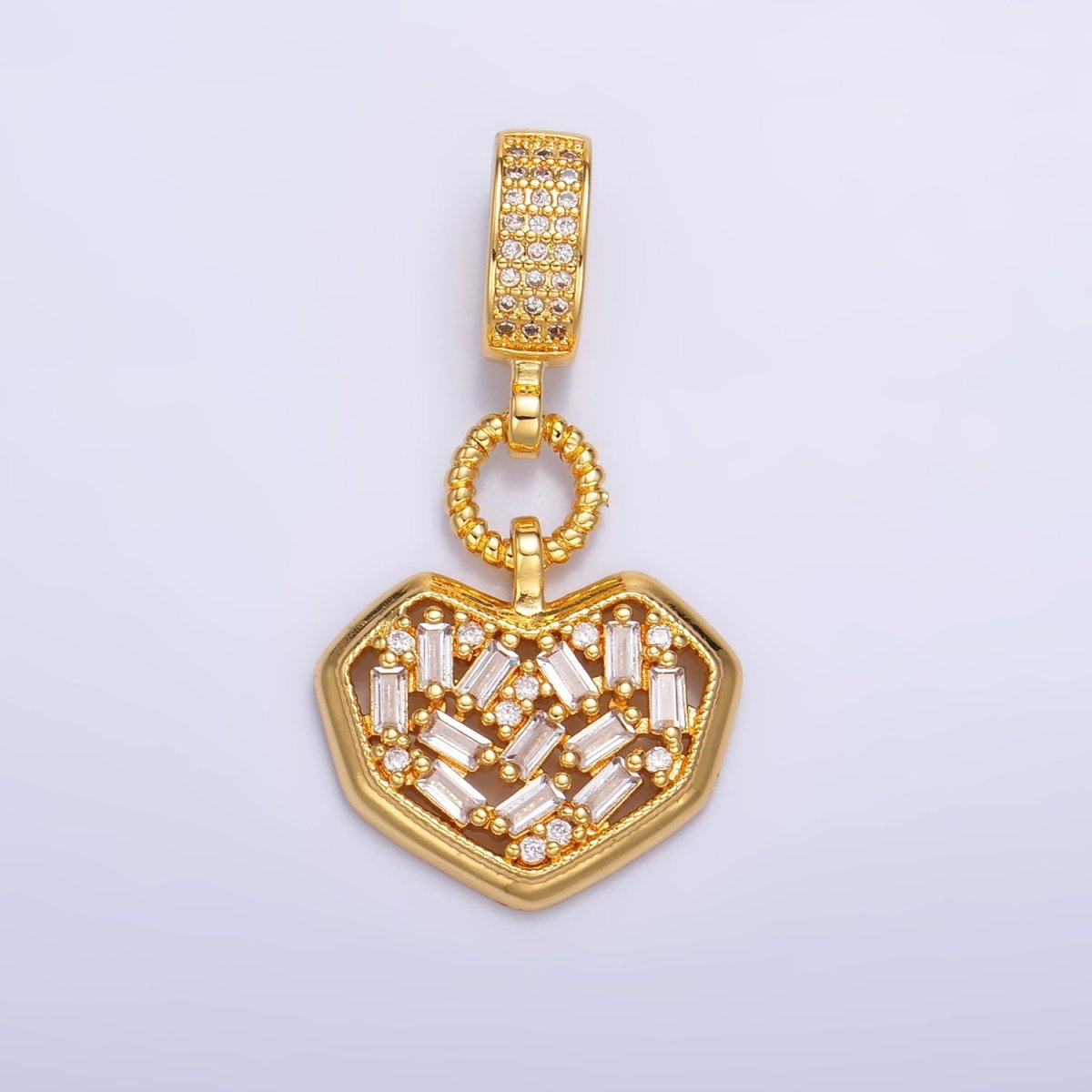 24K Gold Filled Heart Baguette CZ Micro Paved Drop Bail Pendant | AA1090