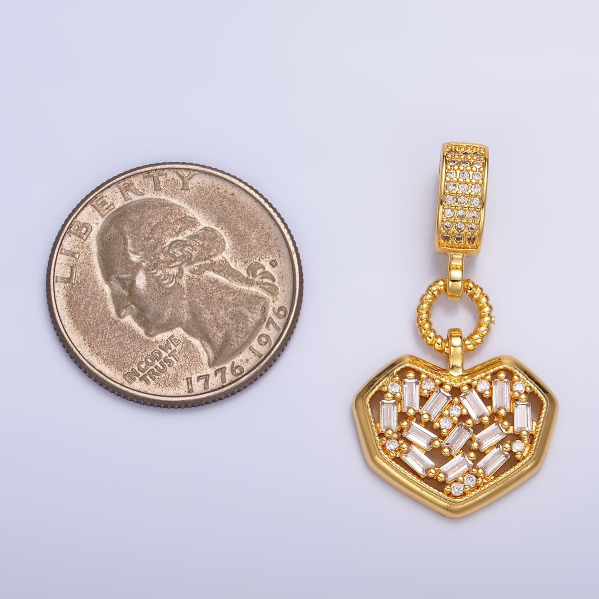 24K Gold Filled Heart Baguette CZ Micro Paved Drop Bail Pendant | AA1090