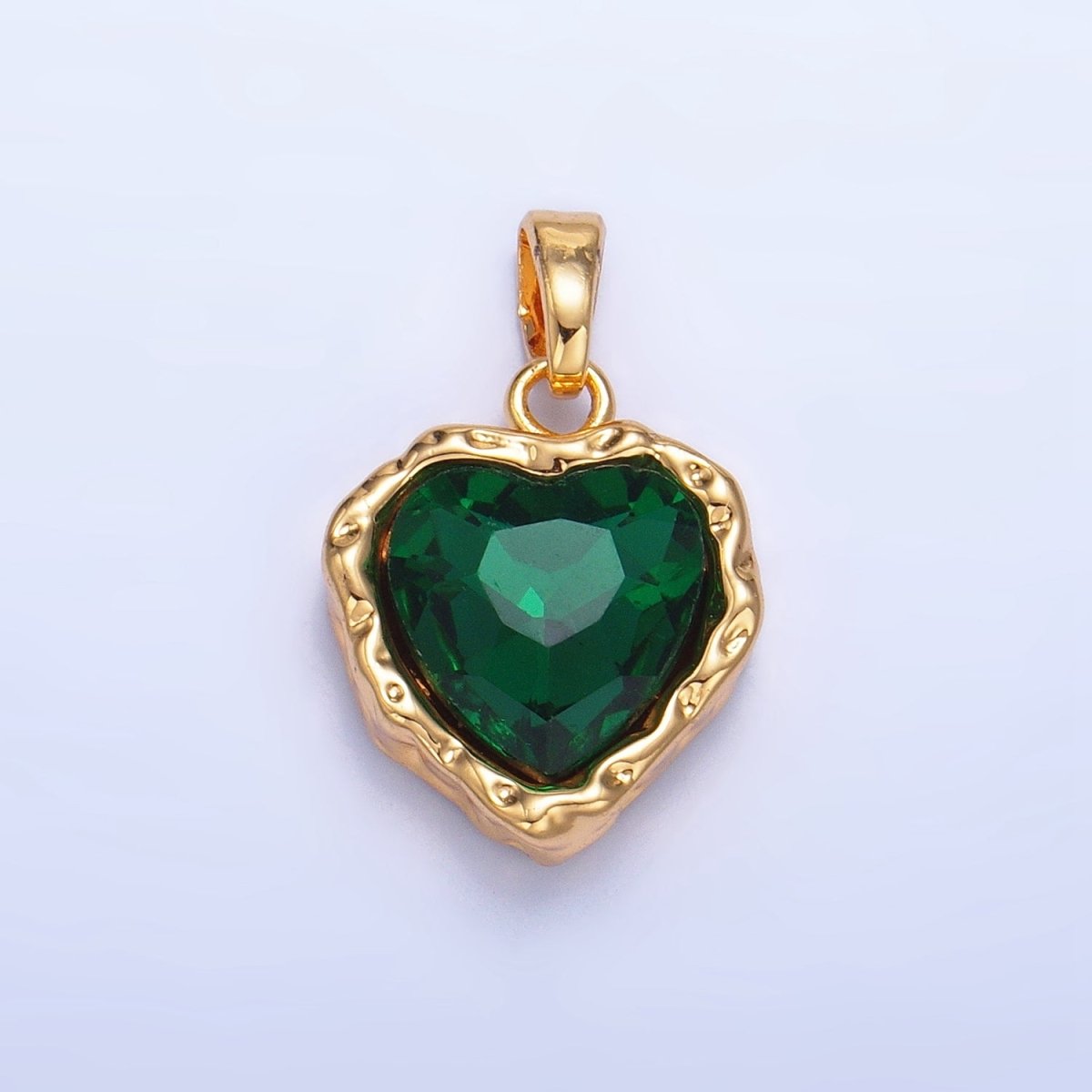24K Gold Filled Heart Green CZ Molten Hammered Bezel Pendant | AA1194