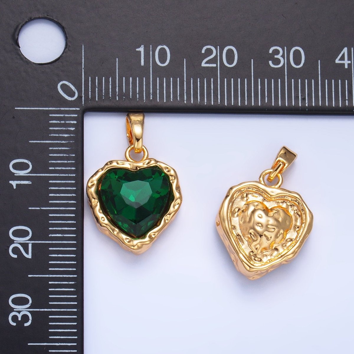 24K Gold Filled Heart Green CZ Molten Hammered Bezel Pendant | AA1194