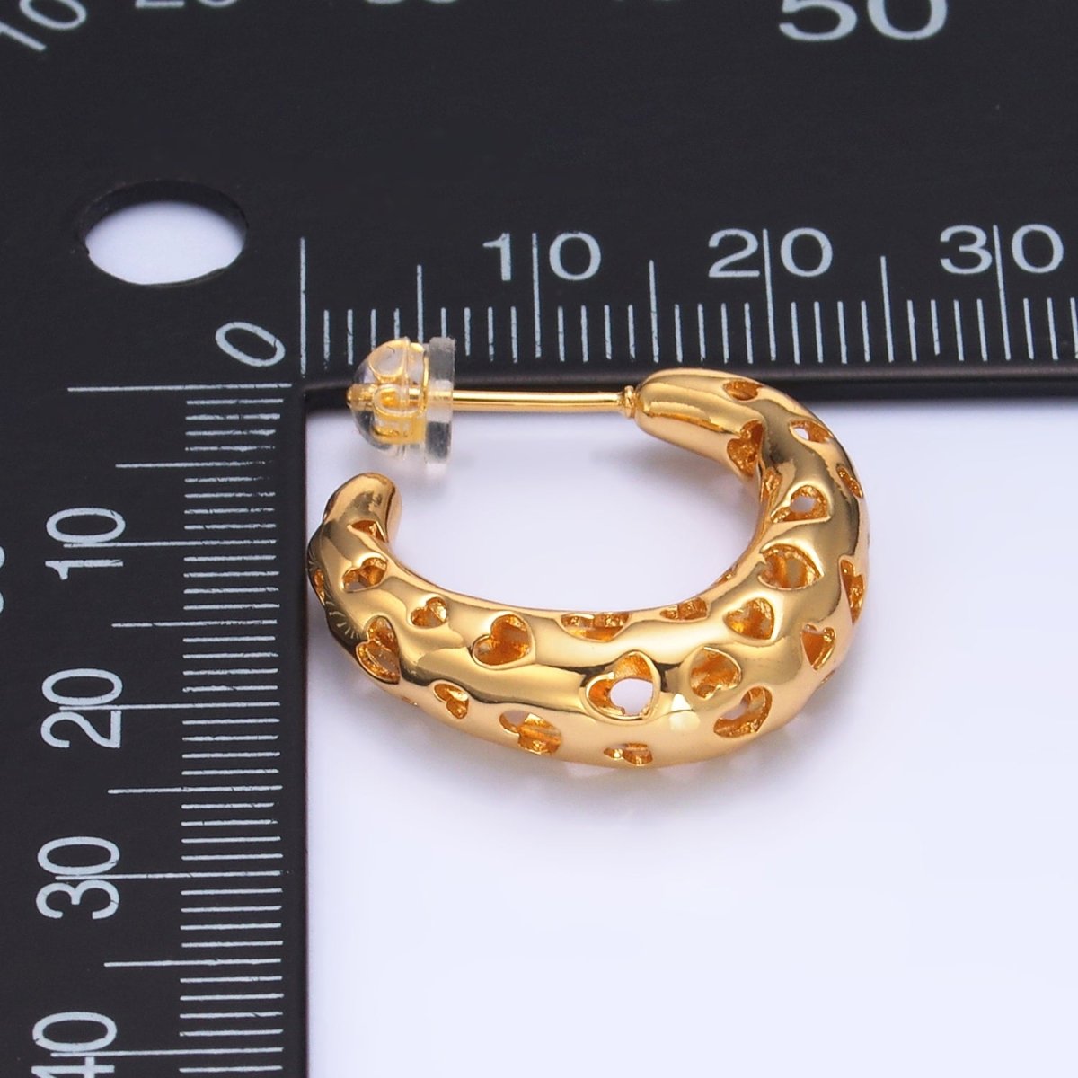 24K Gold Filled Heart Open Filigree C-Shaped Hoop Earrings | AB738