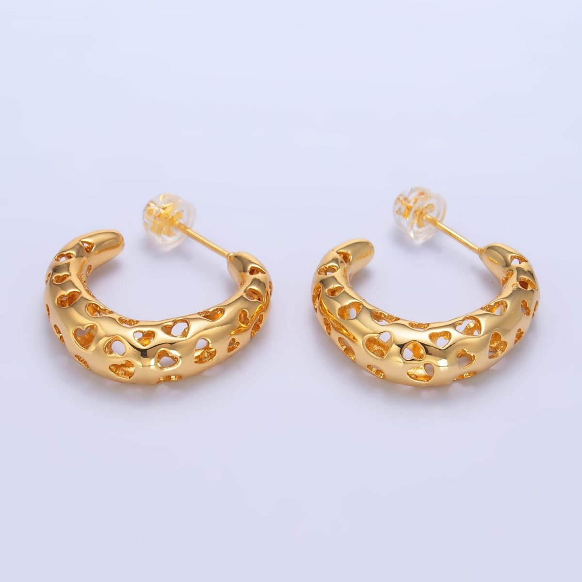 24K Gold Filled Heart Open Filigree C-Shaped Hoop Earrings | AB738