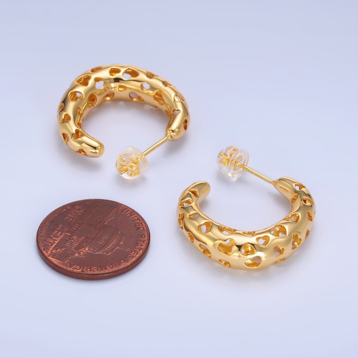 24K Gold Filled Heart Open Filigree C-Shaped Hoop Earrings | AB738