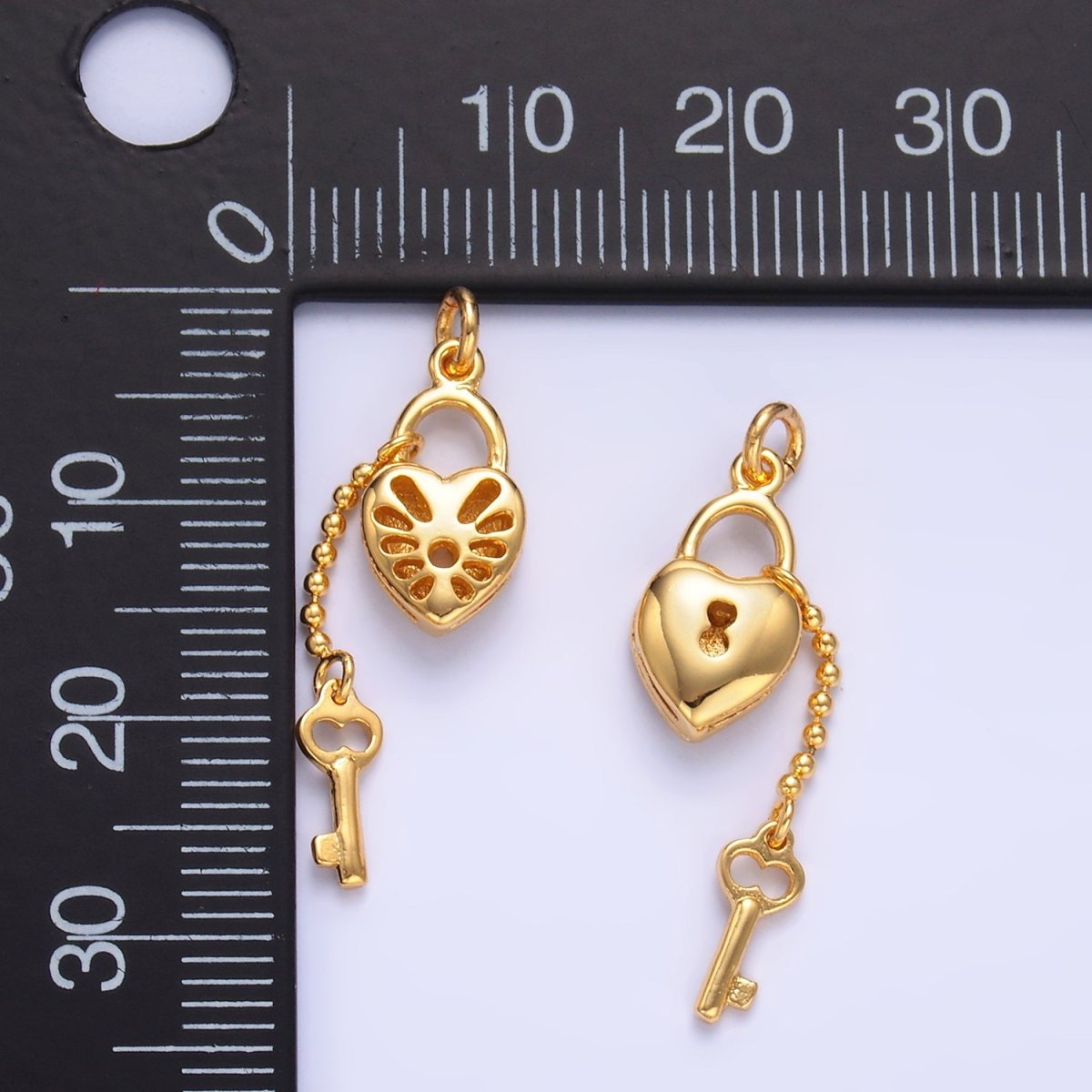 24K Gold Filled Heart Padlock Dotted Key Charm Set | W402