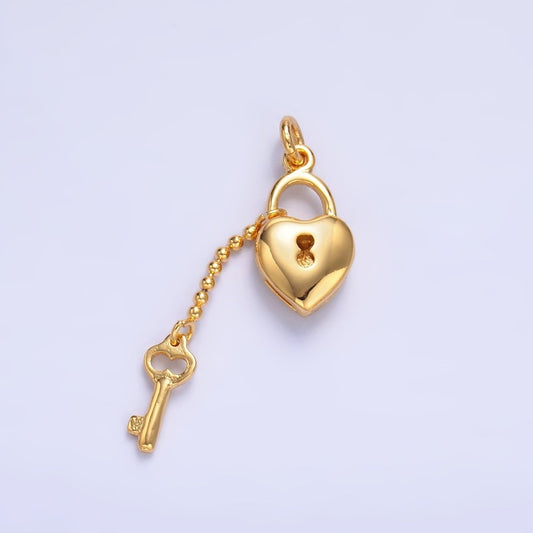 24K Gold Filled Heart Padlock Dotted Key Charm Set | W402