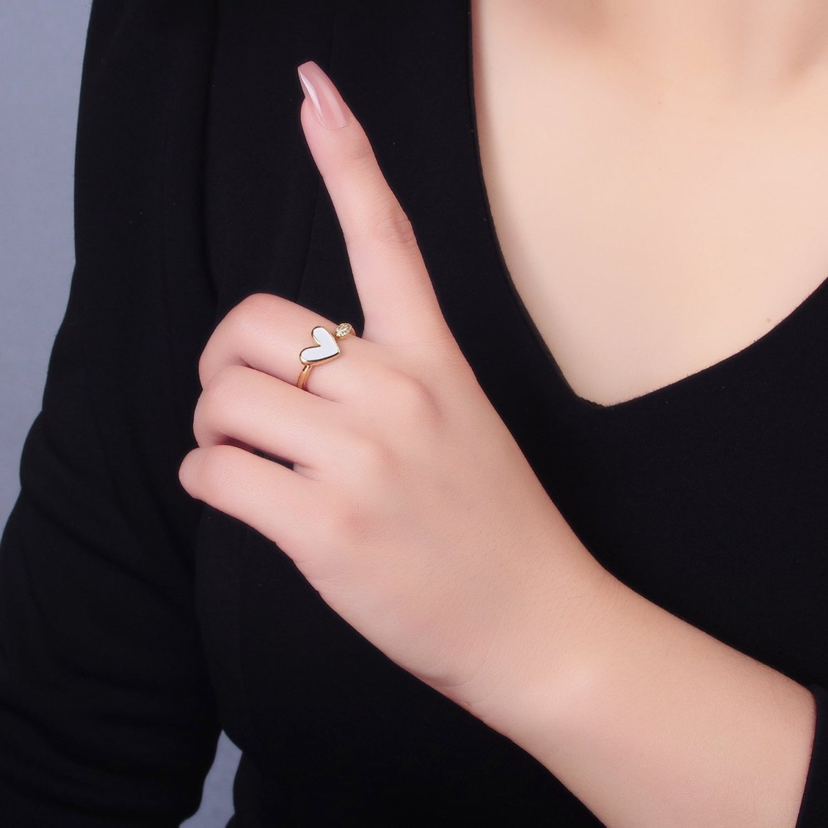 24K Gold Filled Heart White Enamel Micro Paved CZ Wrap Ring | O729