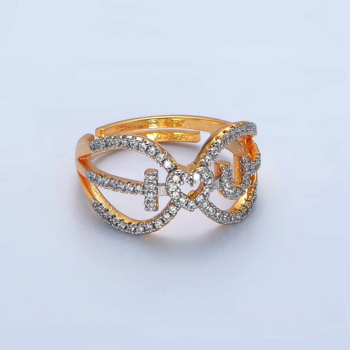 24K Gold Filled "I Love You" Micro Paved CZ Mixed Metal Open Ring | O1430