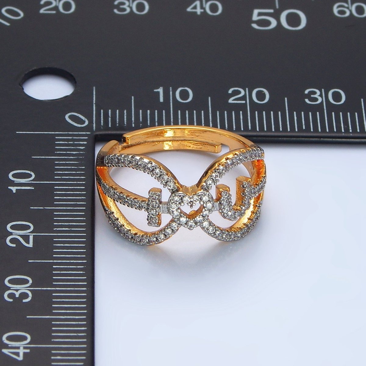24K Gold Filled "I Love You" Micro Paved CZ Mixed Metal Open Ring | O1430