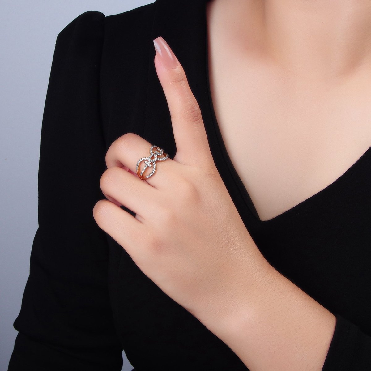 24K Gold Filled "I Love You" Micro Paved CZ Mixed Metal Open Ring | O1430