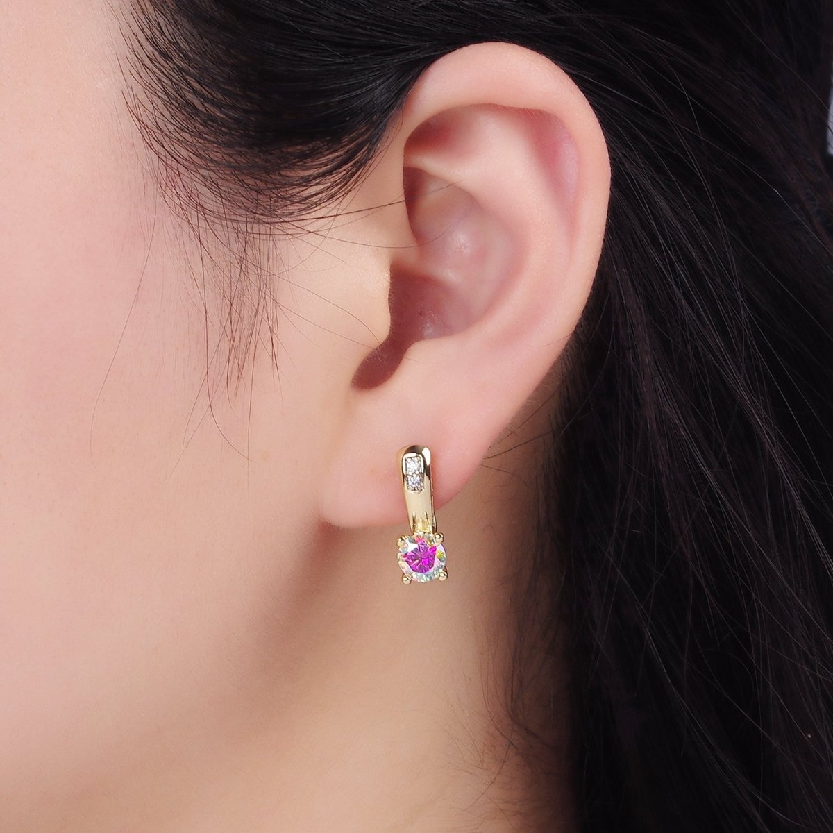 24K Gold Filled Iridescent AB Micro Paved CZ English Lock Hoop Earrings | AD700