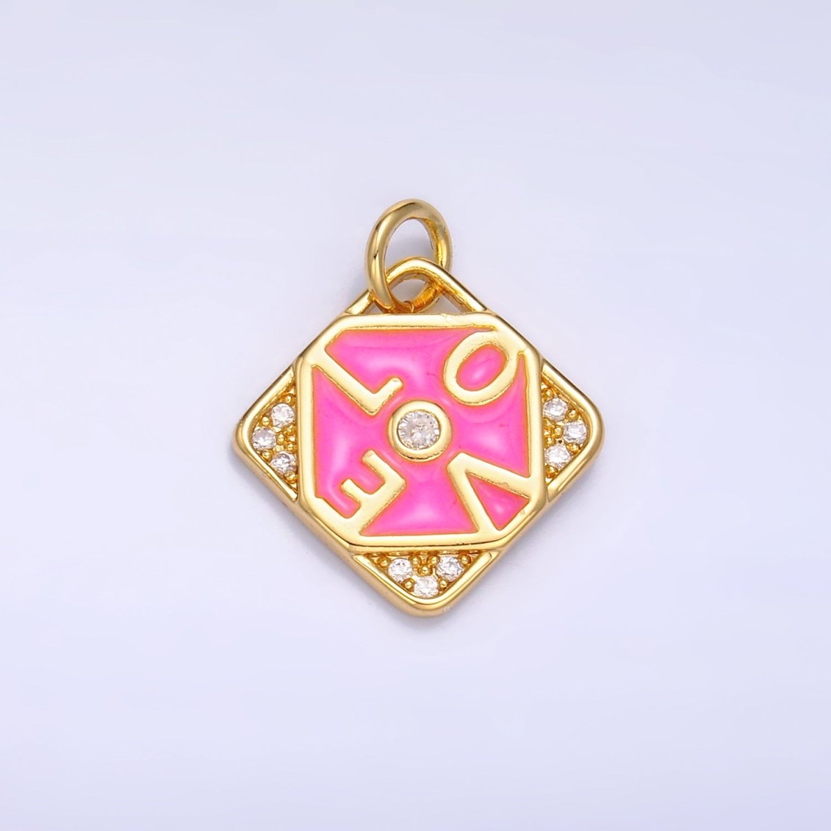 24K Gold Filled "LOVE" Script Enamel Micro Paved CZ Geometric Square Charm | W432