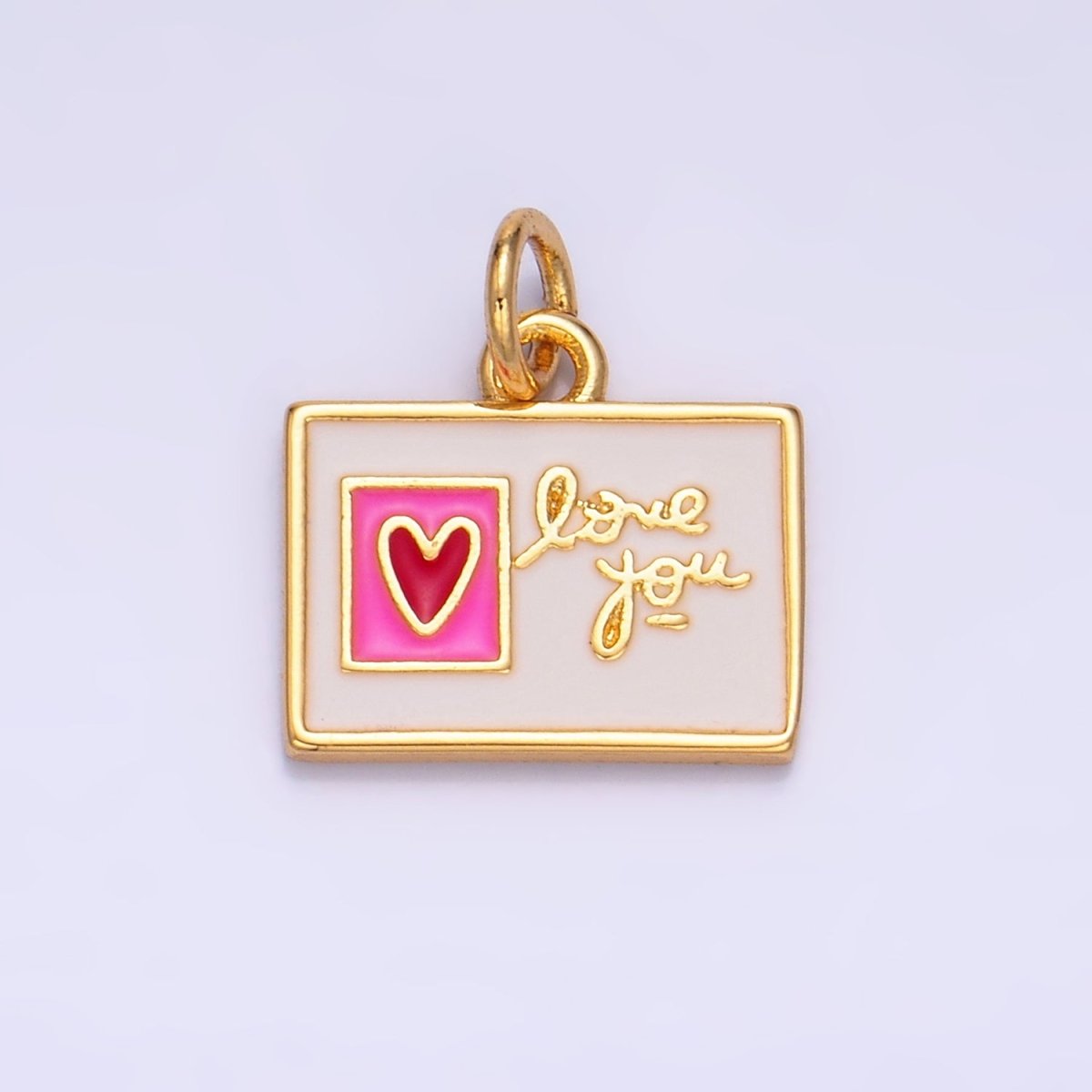 24K Gold Filled "Love You" Script Enamel Post Card Charm | W276