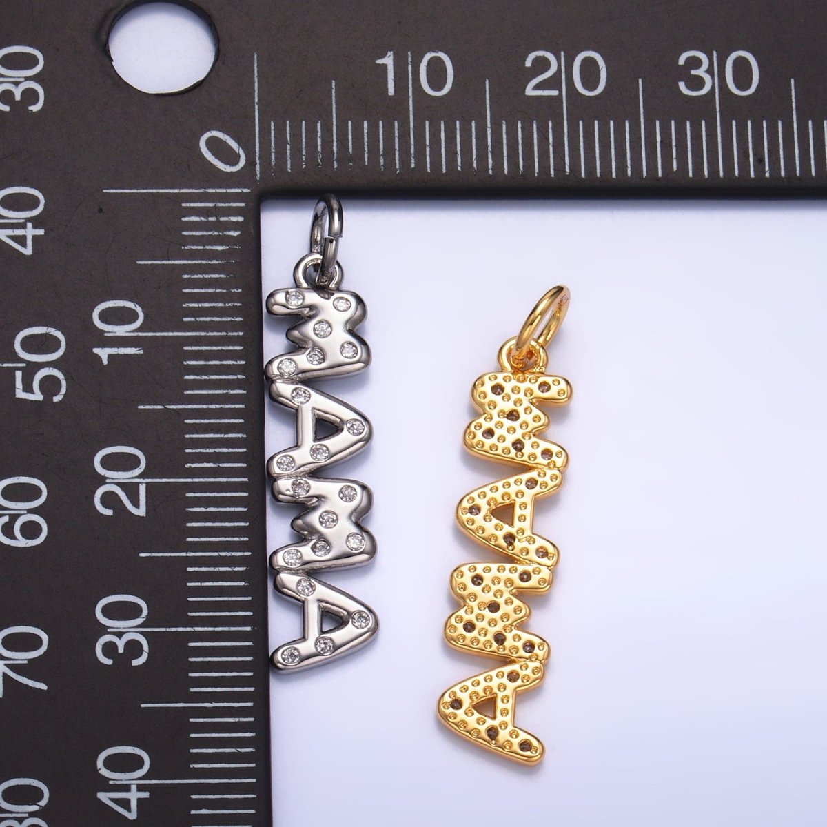 24K Gold Filled "MAMA" CZ Dotted Script Charm in Gold & Silver | W220