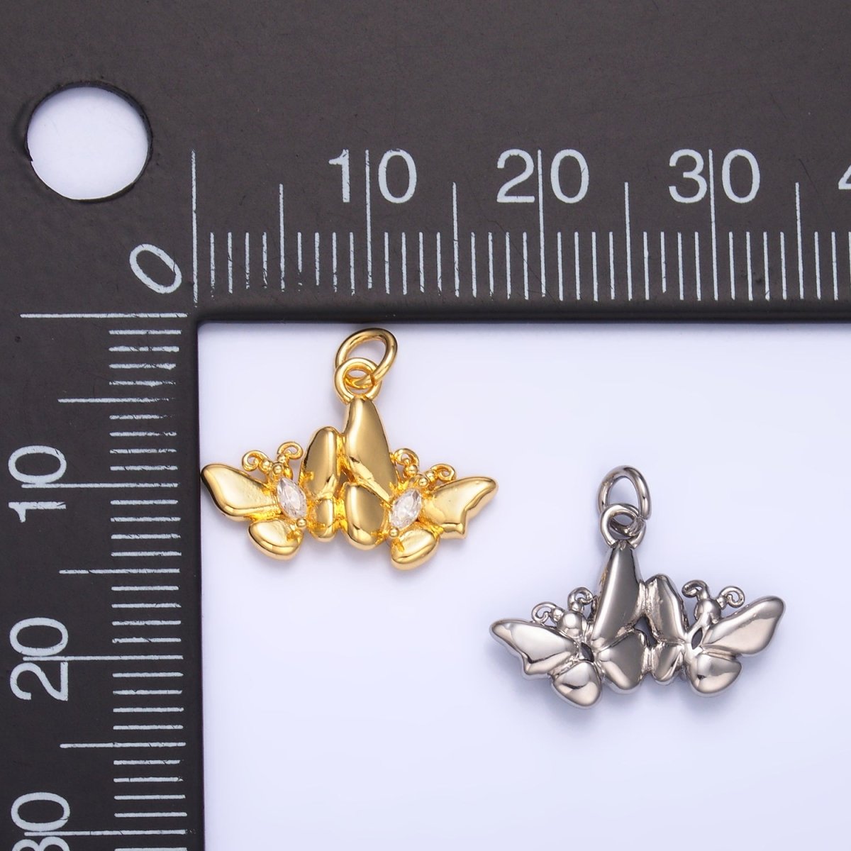 24K Gold Filled Marquise CZ Double Butterfly Mariposa Charm in Gold & Silver | W828