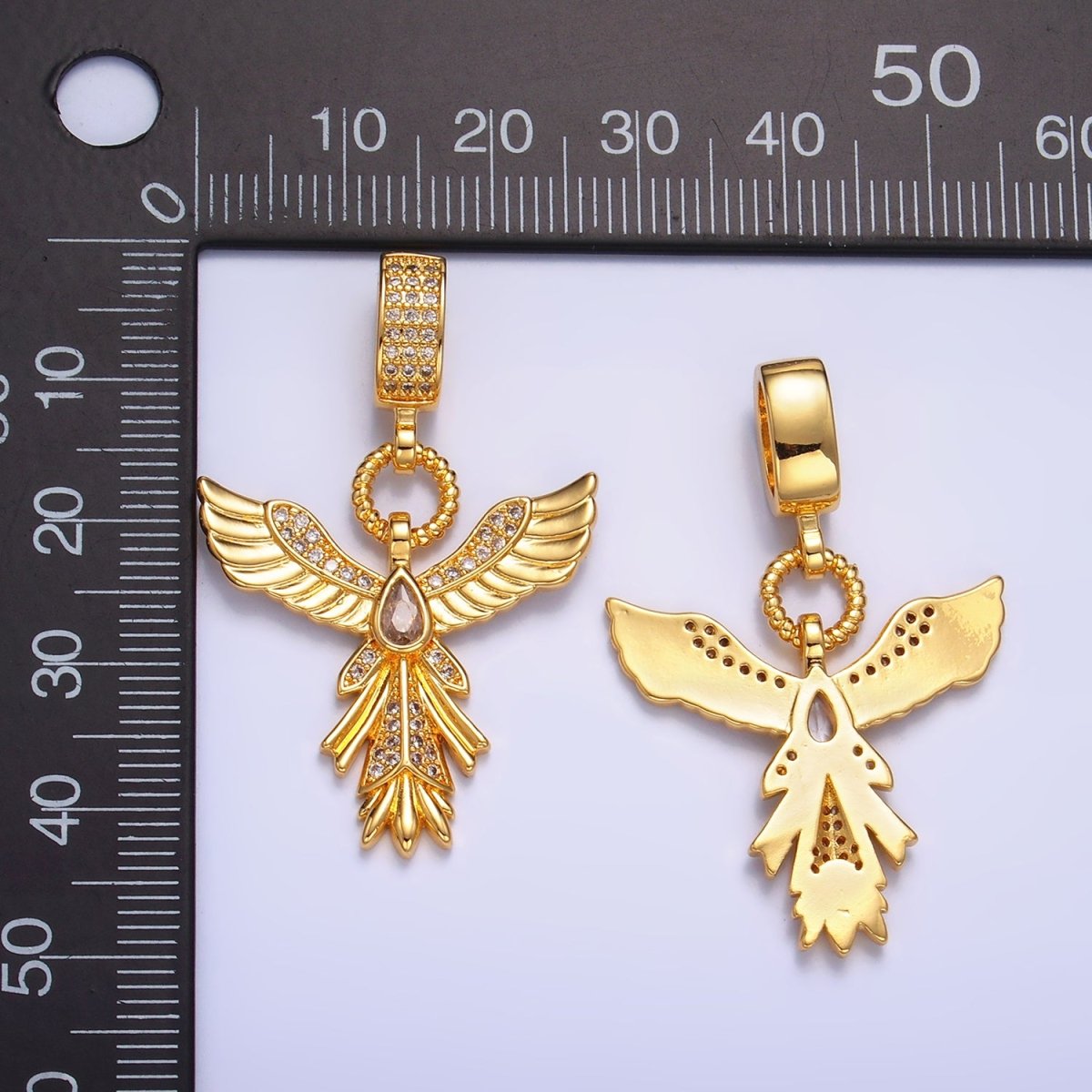 24K Gold Filled Micro Paved CZ Angel Feather Drop Bail Pendant | AA1091